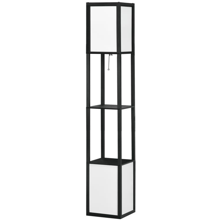 Black standing shelf floor lamp with stacked cube shelves and rectangular light panel tops