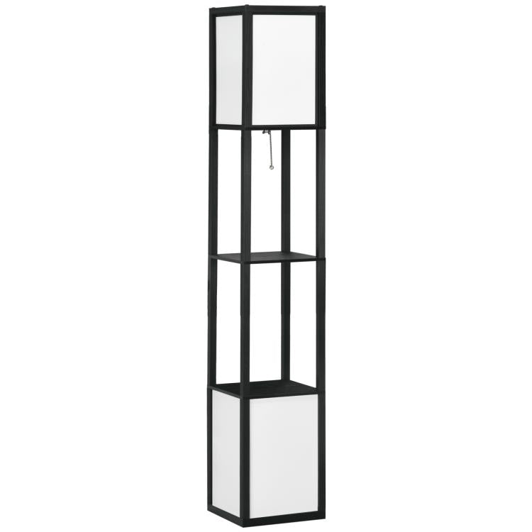 Black standing shelf floor lamp with open grid shelves and white base panel