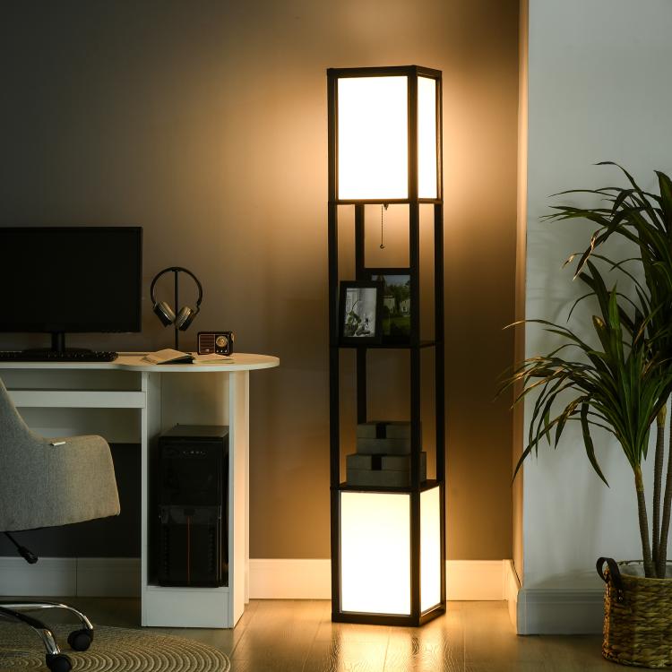 Black tall shelf floor lamp with bright square panel lights and vertical storage shelves