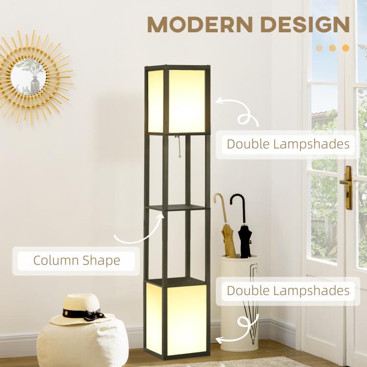 Black tall shelf floor lamp with lit square panels and narrow shelves, in a room setting