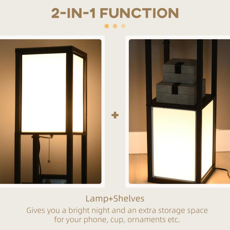 Black tall shelf floor lamp with two lit sections and inner hanging lamp hardware