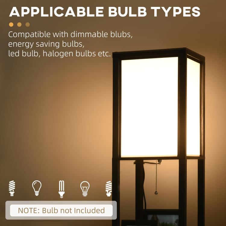Black tall shelf floor lamp with bright rectangular light panel; bulb not included note