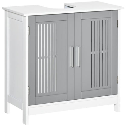 Grey and white under-sink pedestal storage cabinet with two slatted doors