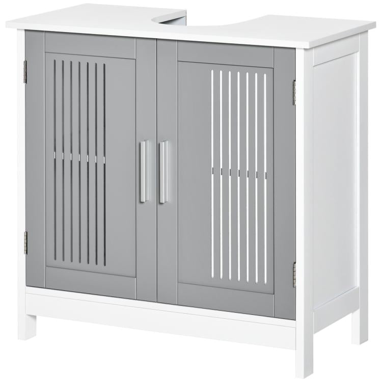 Grey and white bathroom pedestal storage cabinet with two slatted cabinet doors