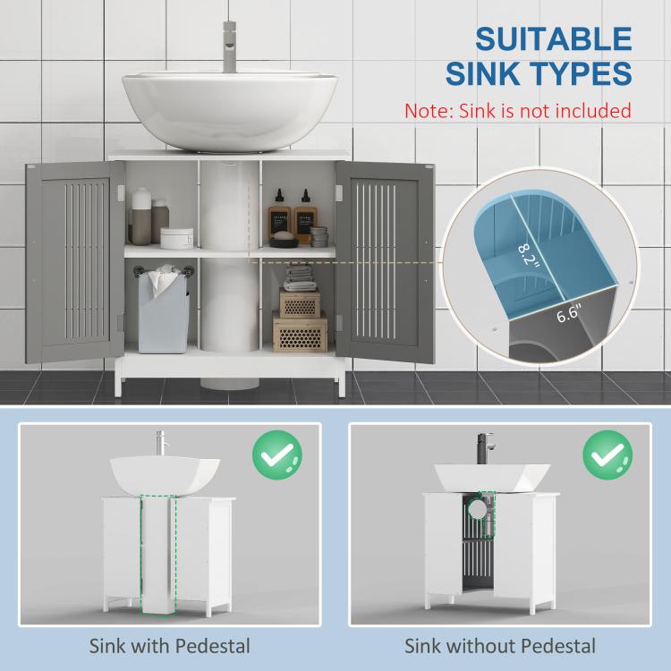 Grey under-sink storage cabinet with double doors and inner shelves