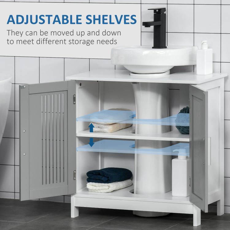 Bathroom vanity cabinet with open adjustable shelves and grey slatted doors