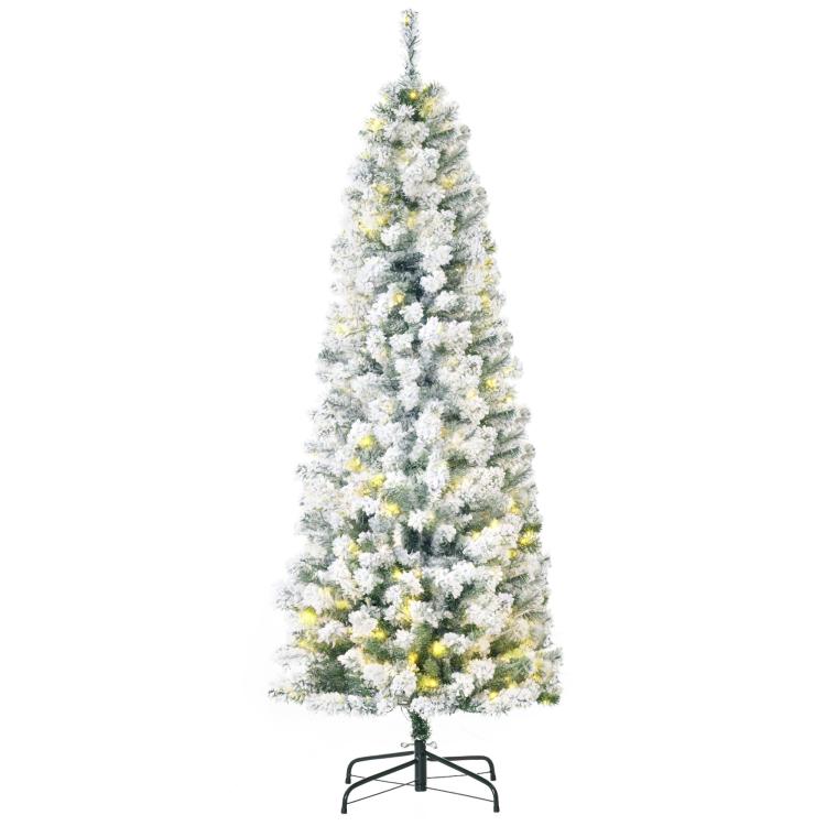 6ft slim pre-lit artificial Christmas tree with snow-flocked branches and 250 warm LEDs