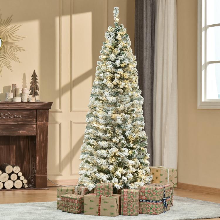 Pre-lit snow-flocked slim artificial Christmas tree standing with metal folding base