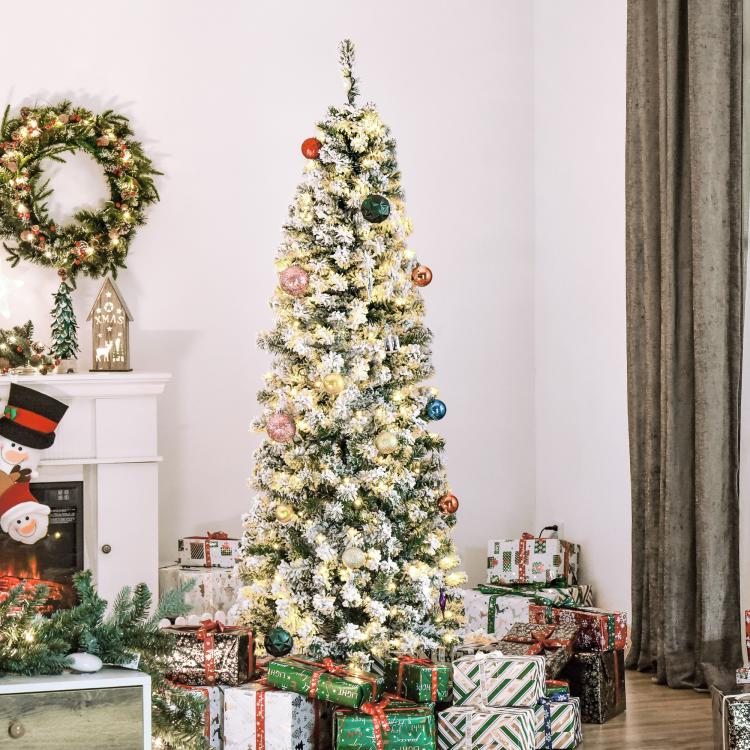 Pre-lit snow-flocked slim artificial Christmas tree with multi-color ornament lights and garland