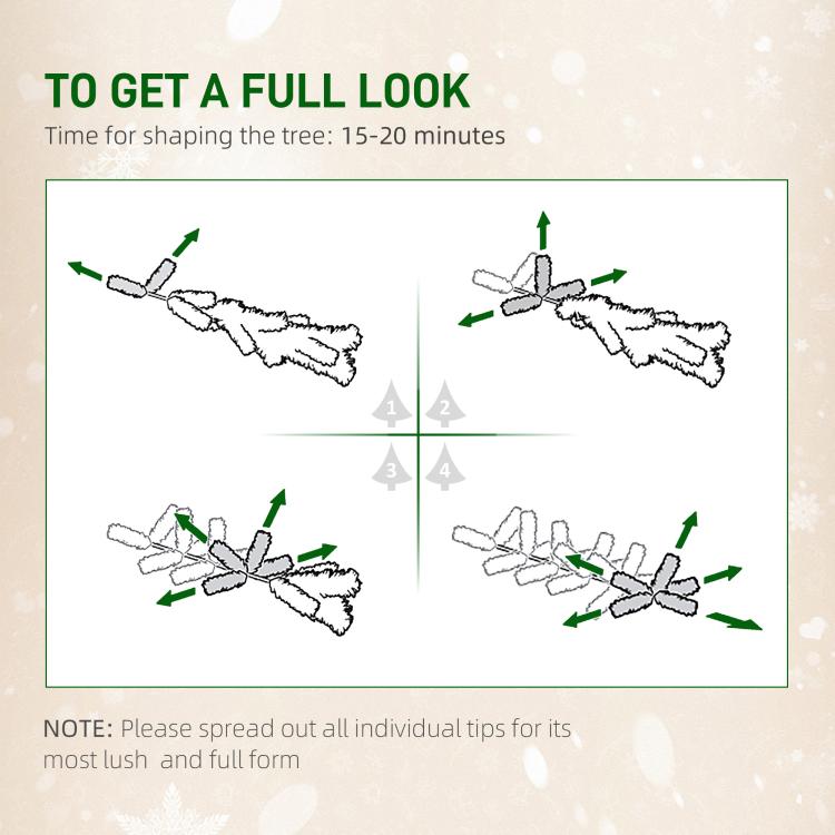 Artificial Christmas tree assembly guide showing branches spreading for fuller coverage