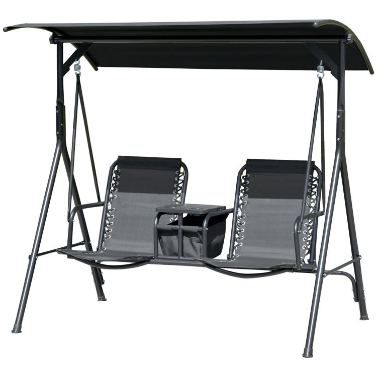 Black 2-person porch swing with canopy, two sling seats, and center drink-holder table