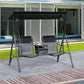 Black 2-person porch swing with canopy and two sling seats on an outdoor patio
