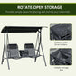 Porch swing table with drink holders and hidden rotate-open storage