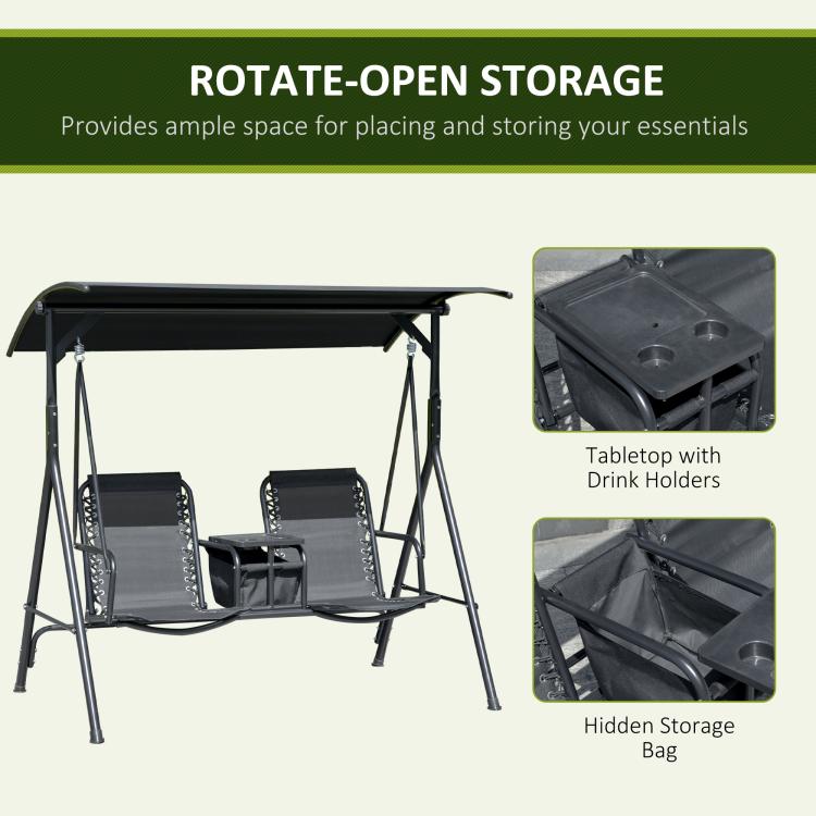 Porch swing table with drink holders and hidden rotate-open storage
