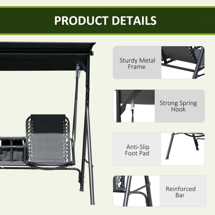 Porch swing frame details: metal legs, spring hooks, anti-slip feet, reinforced bar
