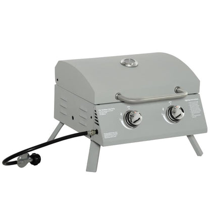 2-burner folding tabletop gas grill with lid, grey carbon steel body