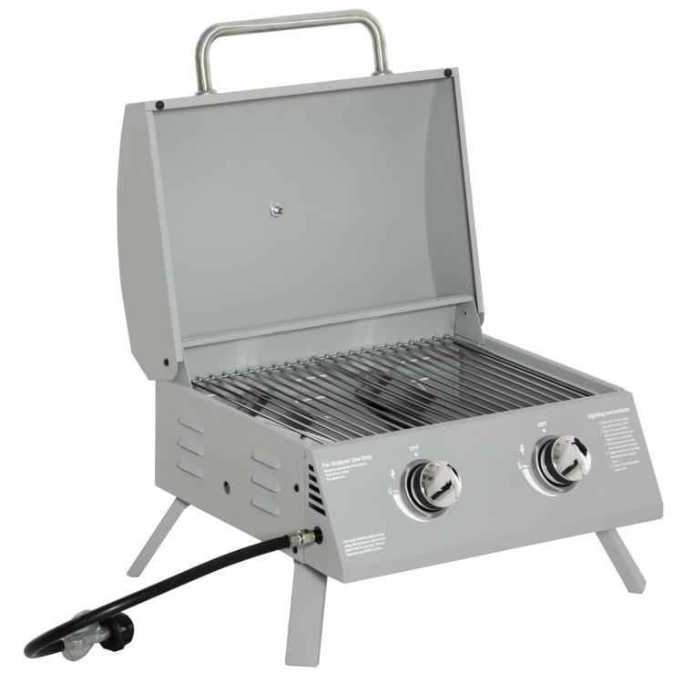 Open-lid 2-burner tabletop gas grill, grey with control knobs and burner grates