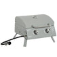 Grey 2-burner tabletop gas BBQ grill with lid, thermometer, and two control knobs