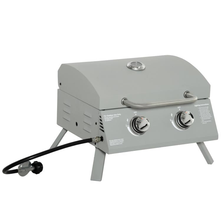 Grey 2-burner tabletop gas BBQ grill with lid, thermometer, and two control knobs