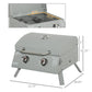 Grey 2-burner gas grill with lid and thermometer, front view