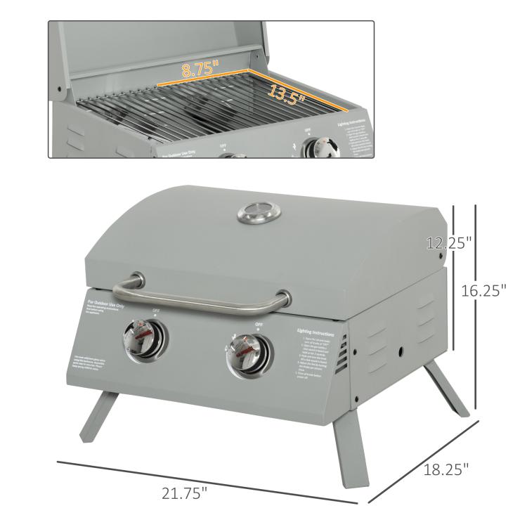 Grey 2-burner gas grill with lid and thermometer, front view