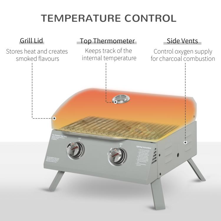 2-burner gas grill feature diagram: lid temperature control with top thermometer