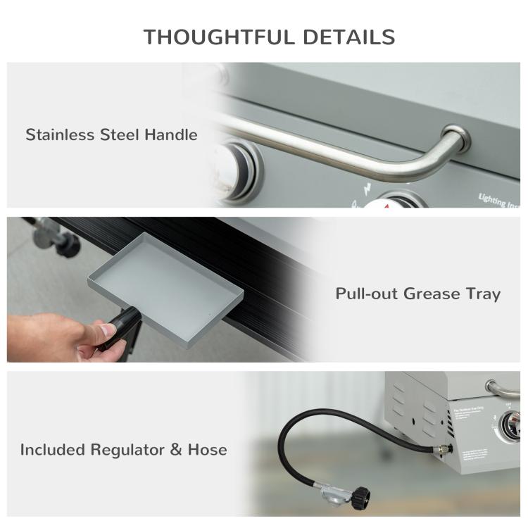 2-burner gas grill details: stainless handle, pull-out grease tray, regulator hose
