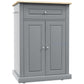 Grey portable serving cart with single drawer, double cabinet doors, light wood top