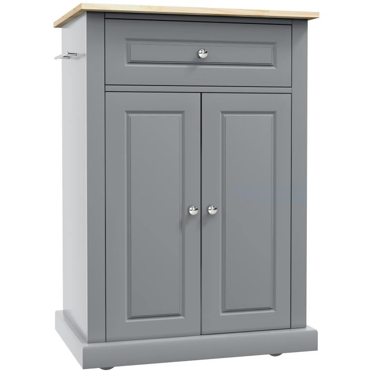 Grey portable serving cart with single drawer, double cabinet doors, light wood top