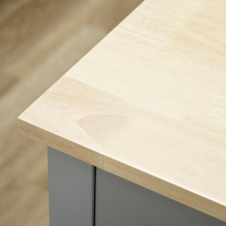 Grey kitchen island cart with light wood countertop edge