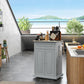 Grey portable kitchen trolley with cabinet doors and drawer, light wood top