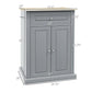 Grey rolling kitchen cart cabinet with drawer and doors, with overall size dimensions