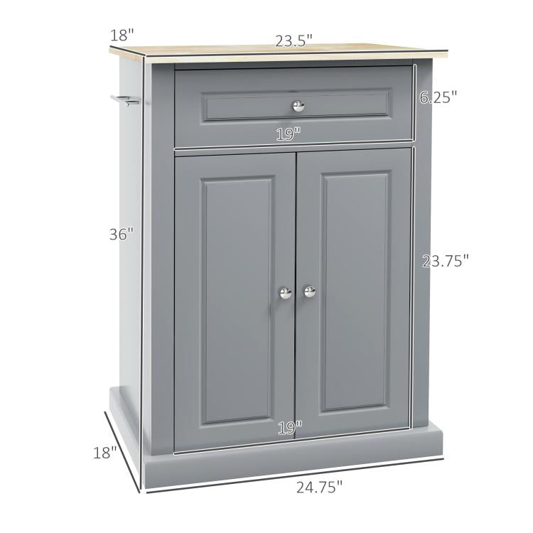 Grey rolling kitchen cart cabinet with drawer and doors, with overall size dimensions
