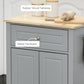Grey kitchen cart front with light wood tabletop, metal drawer pull, and cabinet doors