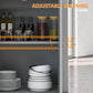 Interior of grey cart cabinet showing adjustable shelf positions with stored bottles