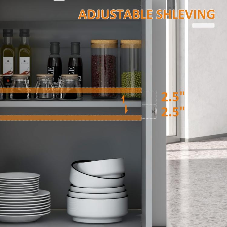 Interior of grey cart cabinet showing adjustable shelf positions with stored bottles