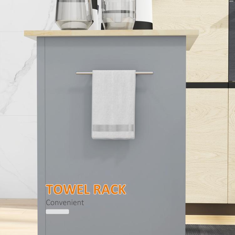 Grey kitchen cart front with built-in towel rack holding a folded white towel