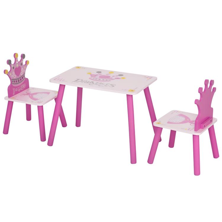 Kids wooden table and chair set in pink with crown princess graphic on tabletop