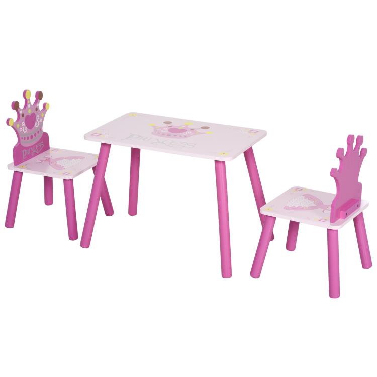Pink kids table and two chairs set with crown princess designs on seats and tabletop