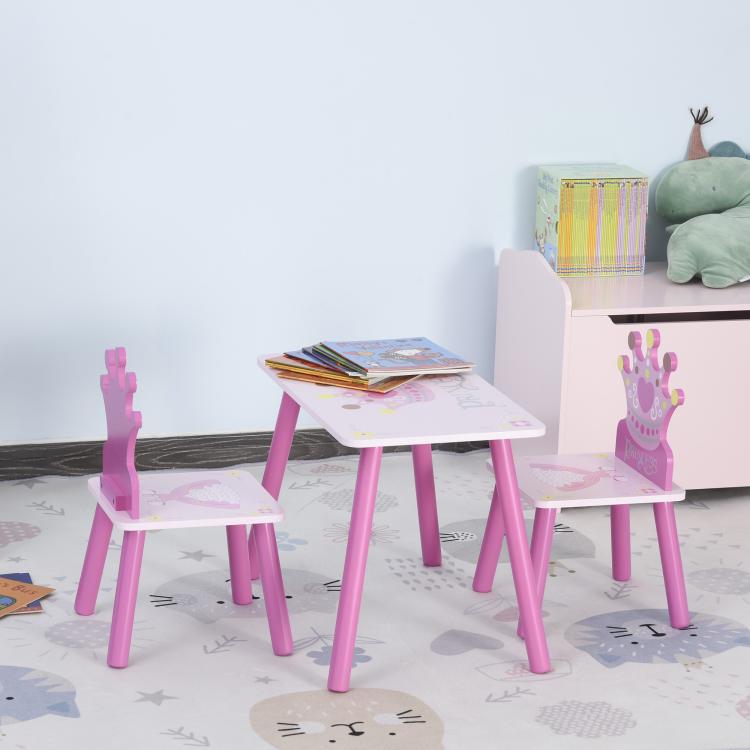 Pink kids table and chair set with crown princess chairs and activity-ready tabletop