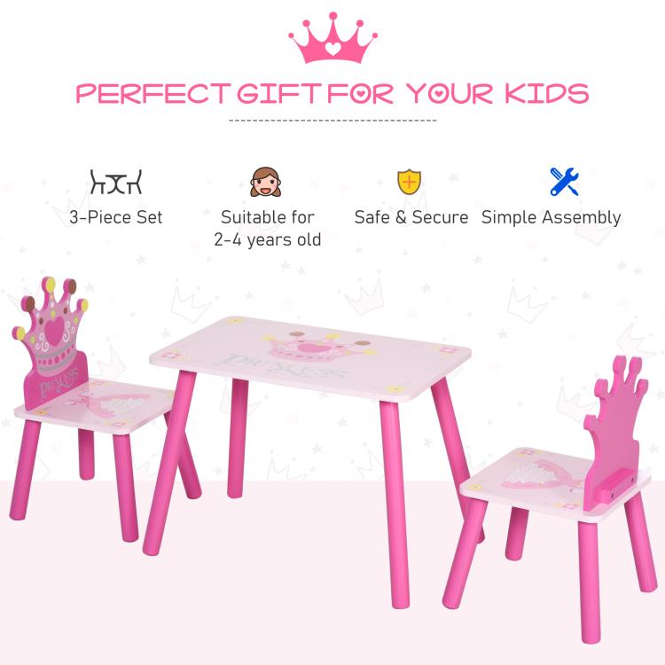 Pink 3-piece kids table and chair set with crown graphics; simple assembly shown
