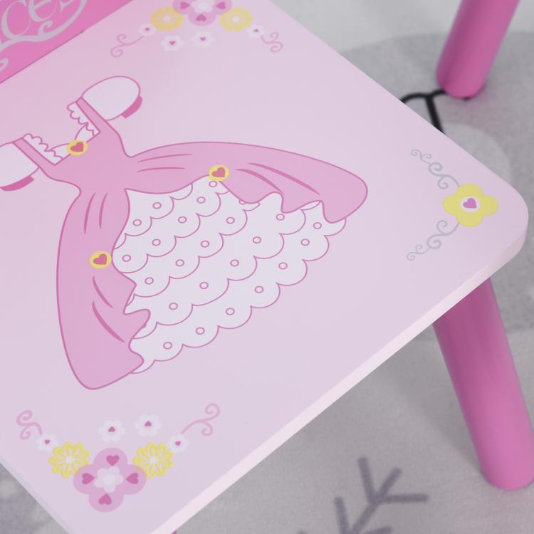 Close-up of pink tabletop with princess crown graphic and decorative flower accents