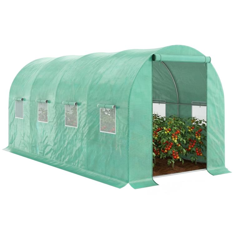 Green tunnel hoop greenhouse with open front door and side mesh window panels