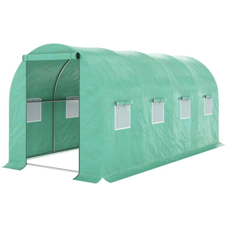 Green tunnel hoop greenhouse with open front frame and mesh ventilation window panels