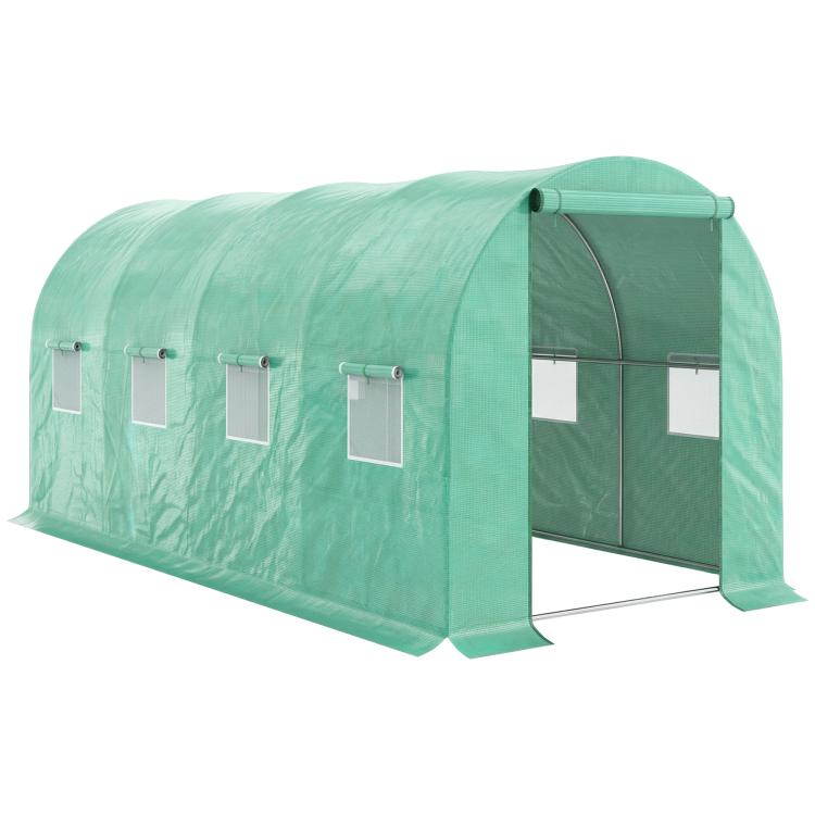 Green PE tunnel greenhouse with arched roof, side walls, and front zip door