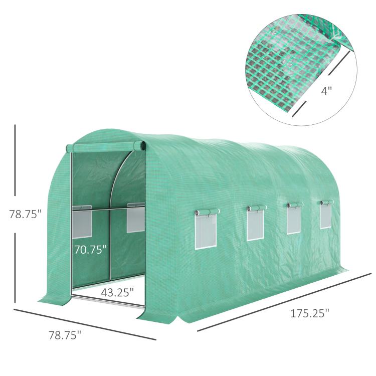 Green tunnel hoop greenhouse with front access door and size diagram overlay