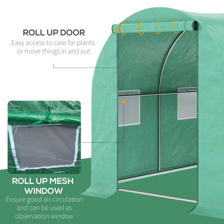 Green tunnel hoop greenhouse showing roll-up door and mesh ventilation window