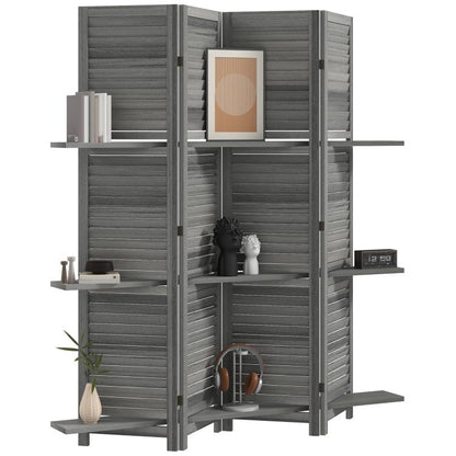 Gray 4-panel folding wood privacy screen with three open shelves and side storage