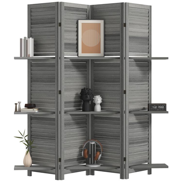 Gray folding room divider with shutter-style panels and three shelves holding decor