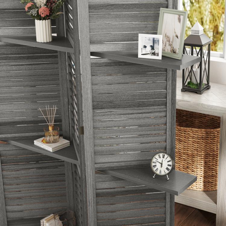 Gray 4-panel wood privacy screen divider with shelves and folding storage